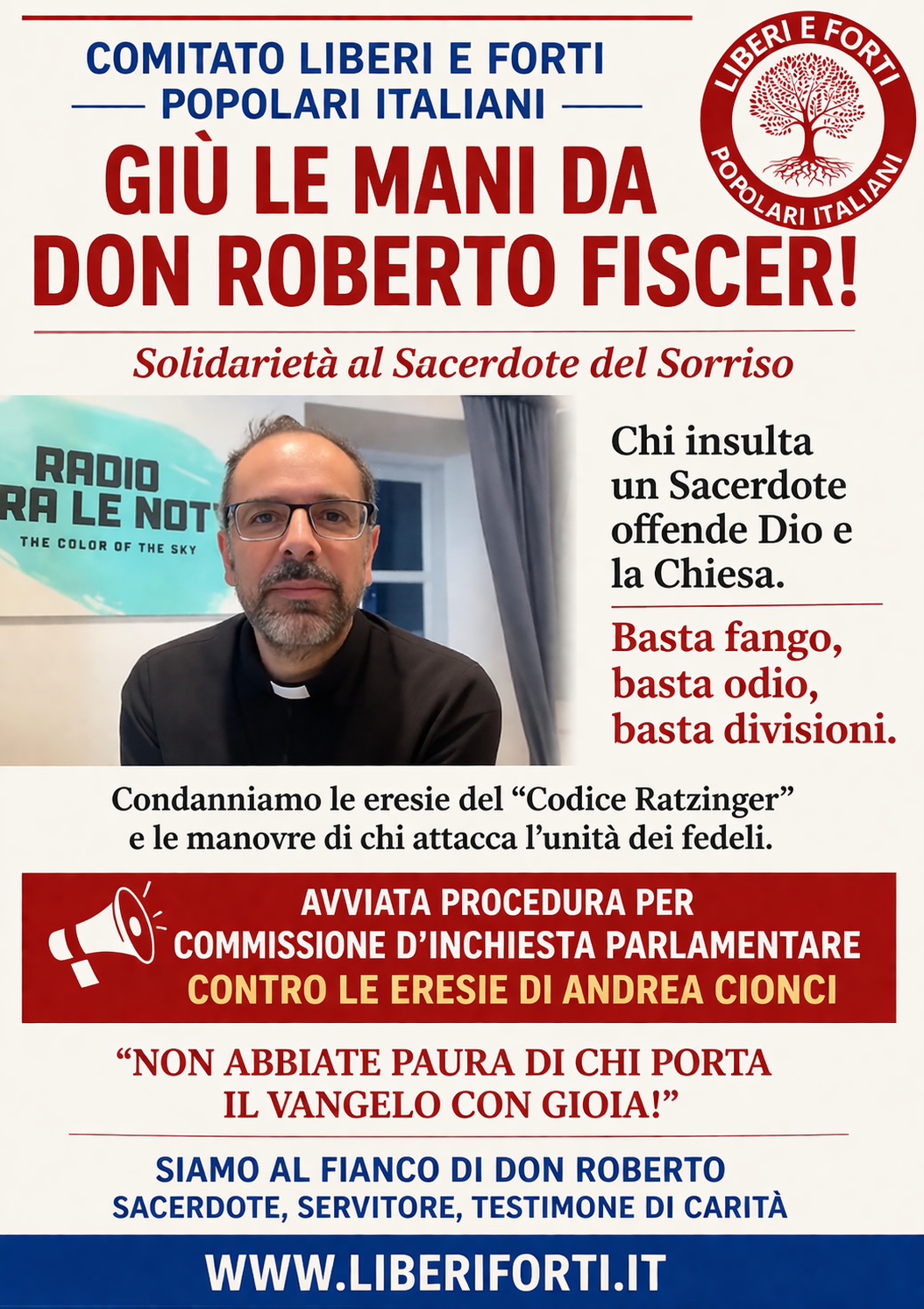 Attacchi online contro Don Roberto Fiscer: 
il Comitato “Liberi e Forti” pronto ad azioni legali