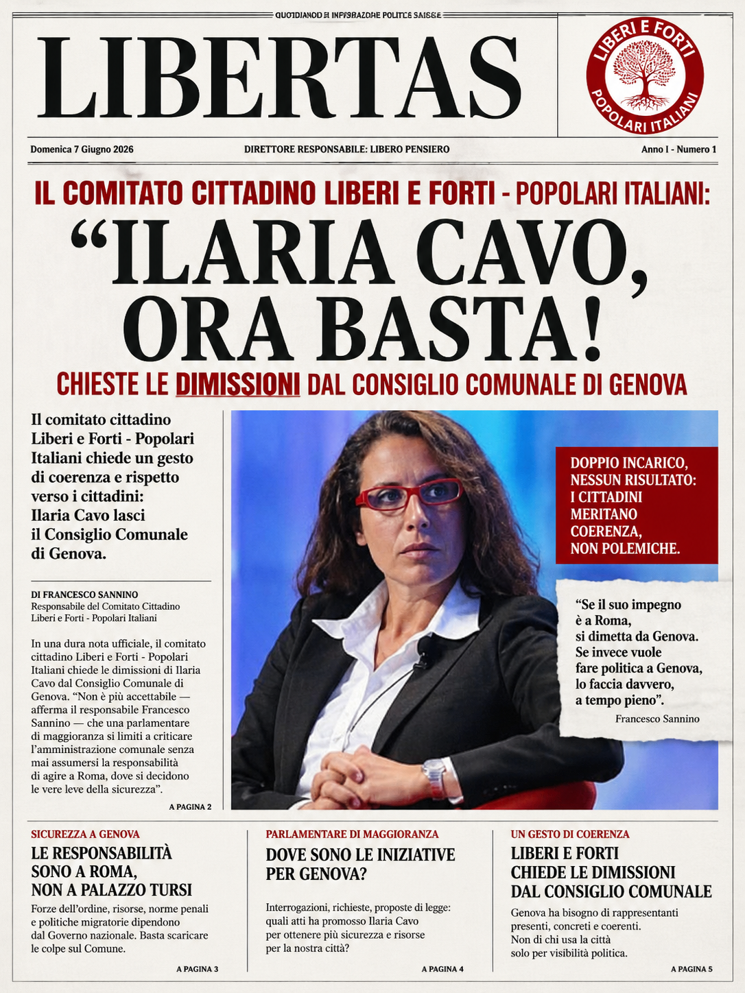 LIBERI E FORTI – POPOLARI ITALIANI CHIEDE LE DIMISSIONI DI ILARIA CAVO DAL CONSIGLIO COMUNALE DI GENOVA